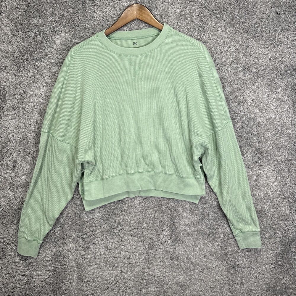 So Green Waffle Knit Thermal Boxy Long Sleeve Top Medium Green Boho Casual